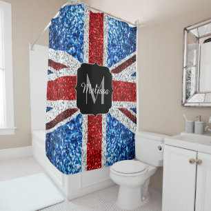 UK flag red blue white sparkles glitters Monogram Shower Curtain