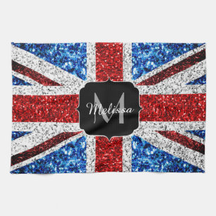 UK flag red blue white sparkles glitters Monogram Tea Towel