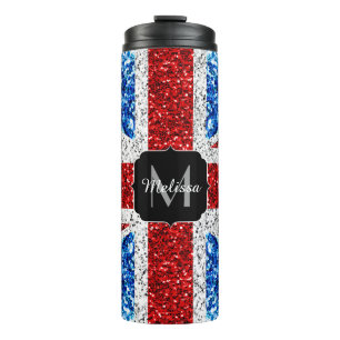 UK flag red blue white sparkles glitters Monogram Thermal Tumbler