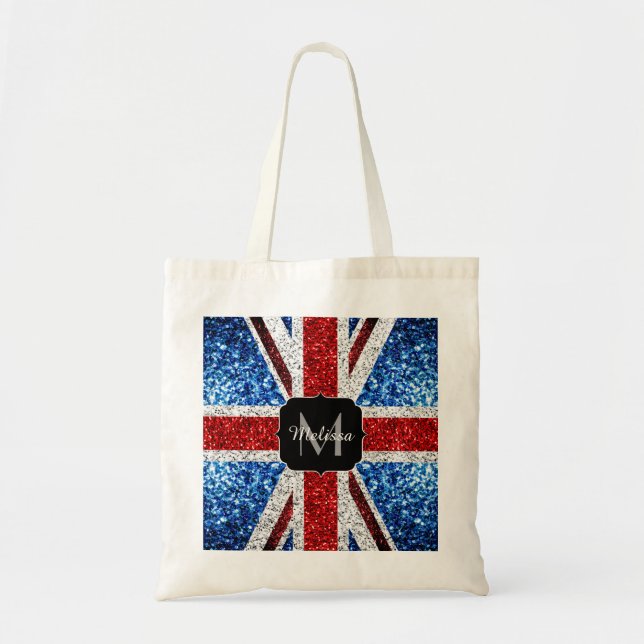 UK flag red blue white sparkles glitters Monogram Tote Bag (Front)