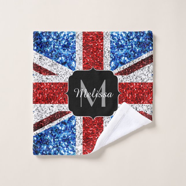 UK flag red blue white sparkles glitters Monogram Wash Cloth (Wash Cloth)