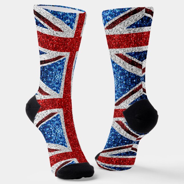 UK flag red blue white sparkles glitters Socks (Angled)