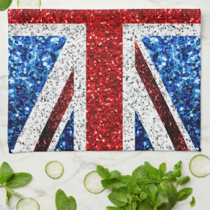 UK flag red blue white sparkles glitters Tea Towel