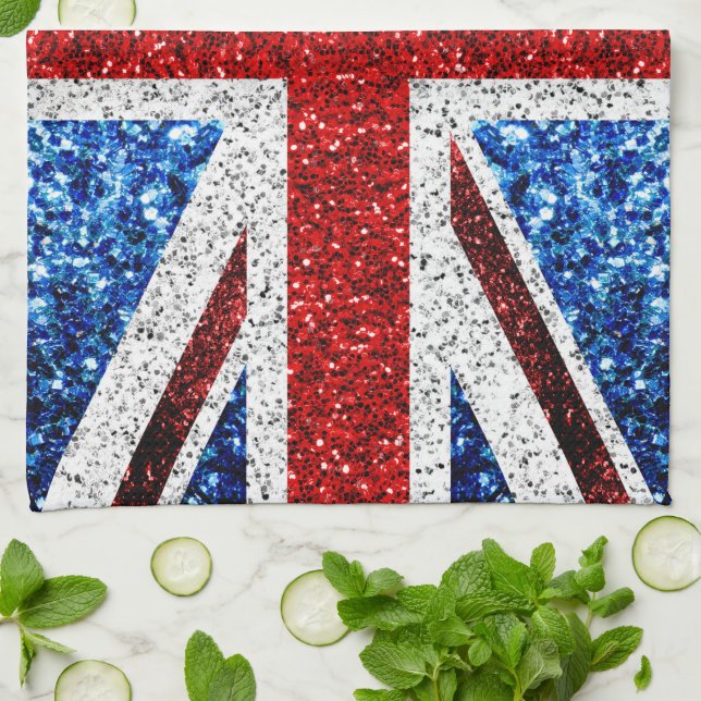 UK flag red blue white sparkles glitters Tea Towel (Folded)