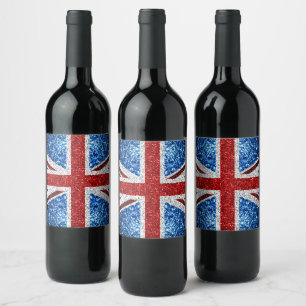 UK flag red blue white sparkles glitters Wine Label
