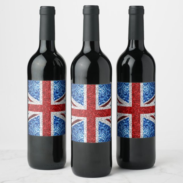 UK flag red blue white sparkles glitters Wine Label (Bottles)