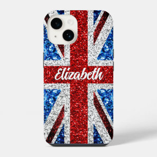 UK flag red blue white sparkles glitters Your name iPhone 14 Case