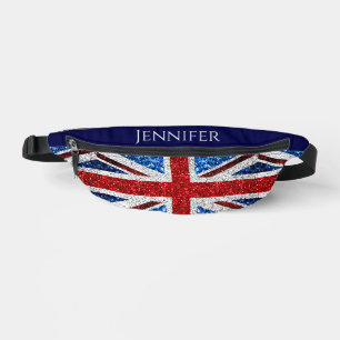 UK flag red white blue sparkles Custom name text Bum Bags