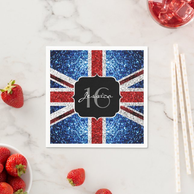 UK flag red white blue sparkles sparkles Sweet 16 Napkin (Insitu)