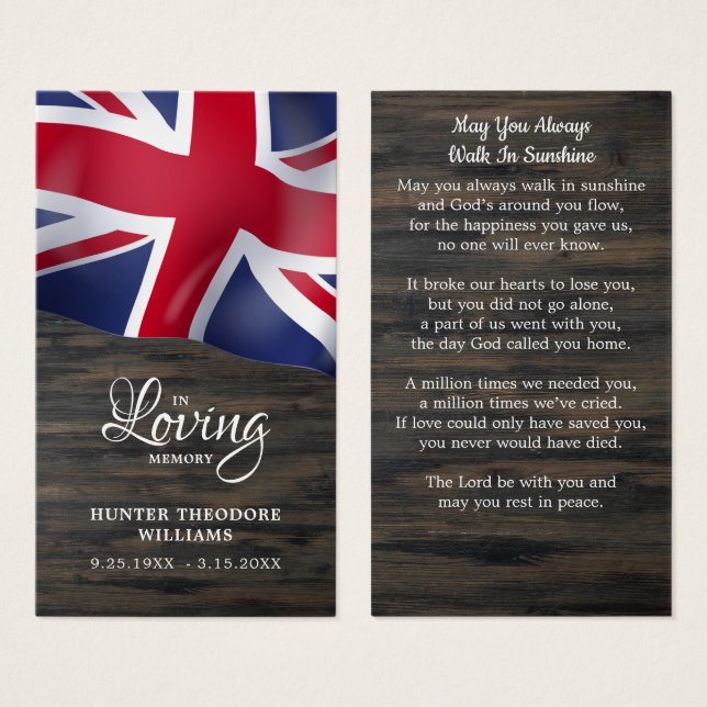 UK Flag Sympathy Funeral Memorial Prayer Card (Front & Back)