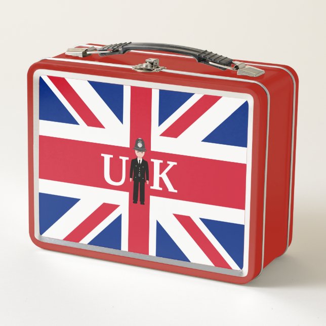 UK Flag with Policeman and Queen's Guard graphic Metal Lunch Box (Front)
