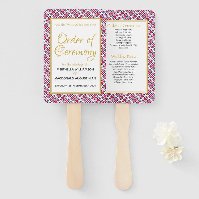 UK GREAT BRITAIN Christian Wedding Programme Hand Fan (Front and Back)