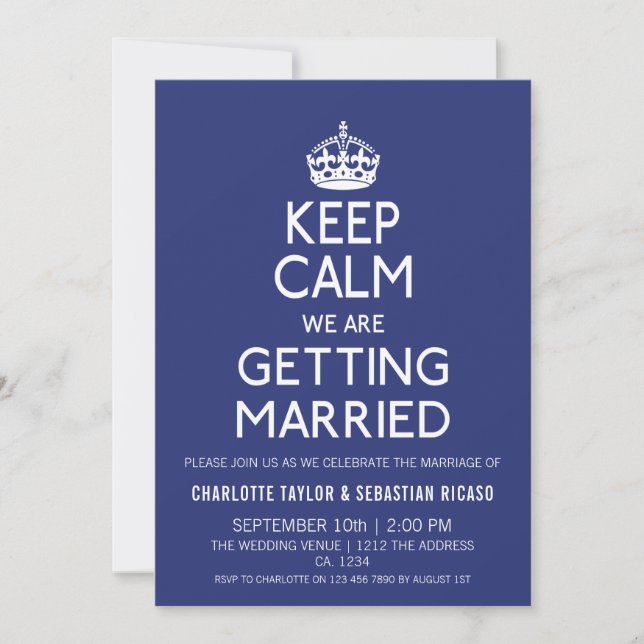 UK Keep Calm Wedding Britain Blue Crown Announcement (Front)