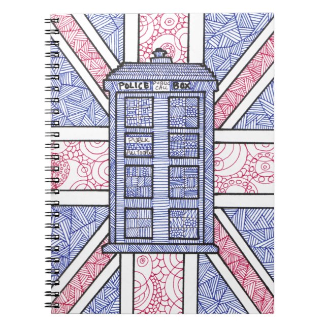 UK Police Box Union Jack Hand Illustrated Line Art Notebook (Front)