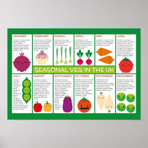 UK Seasonal Vegetables Chart Poster Zazzle