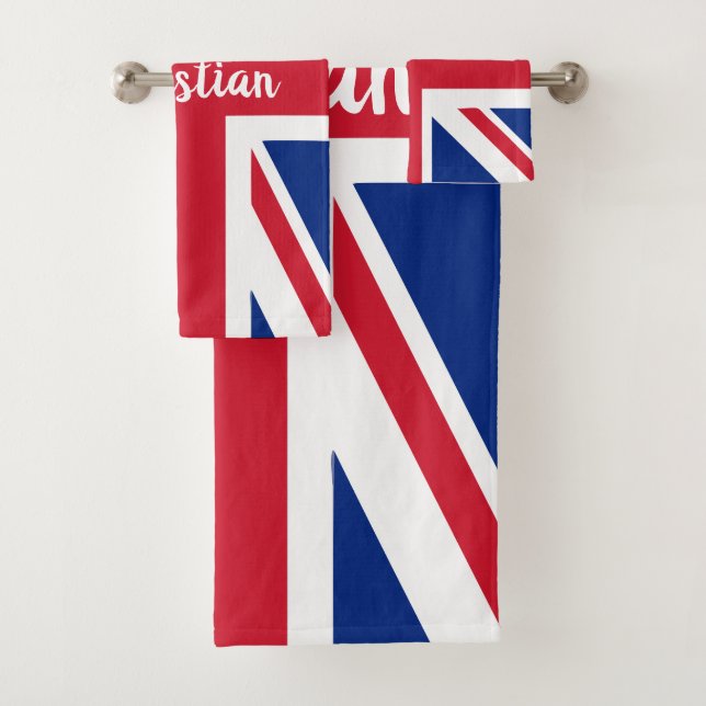 UK Union Jack British Themed Personalised Bath Towel Set (Insitu)