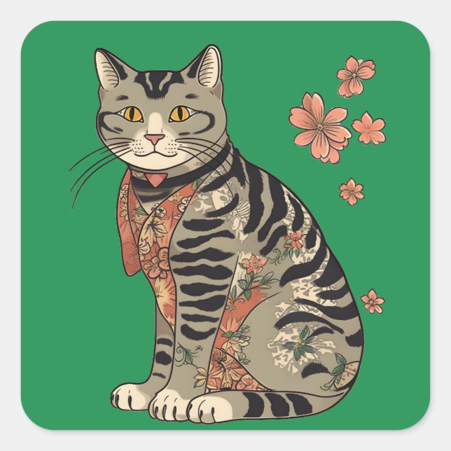 Ukiyo-e Cat and flowers Pattern Vol.2 Square Sticker (Front)