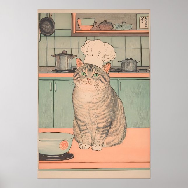 Ukiyo-e Cat Chef Print Japanese Kitchen Art, Tabby (Front)