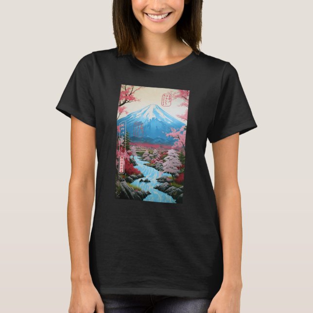 Ukiyo-e Cherry Blossom Mount Fuji Serenity Japanes T-Shirt (Front)