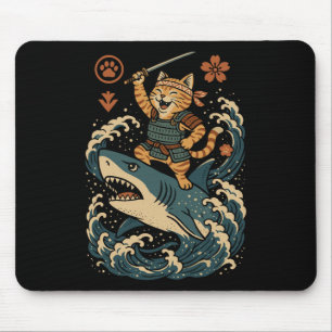 Ukiyo-e Inspired Samurai Cat Surfing Waves Great W Mouse Mat