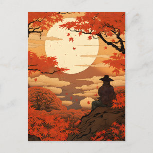 Ukiyo-e Japan fall autumn samurai Postcard