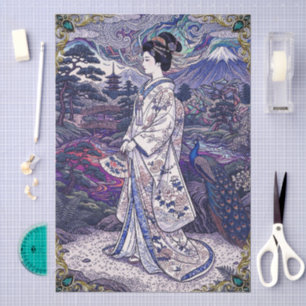 Ukiyo-e Style Fantasy Oriental Girl & Peacock  Tissue Paper