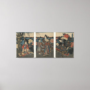 Ukiyo-e Triptych: Enjoying a Garden of Peonies Canvas Print