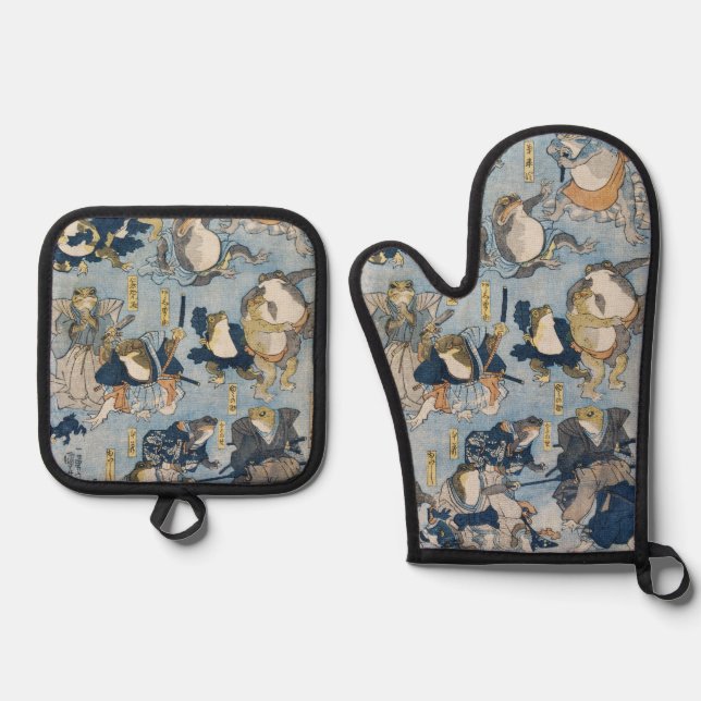 Ukiyo-e Warrior Frogs Antique Japanese Artwork Oven Mitt & Pot Holder Set (Front)