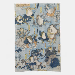 Ukiyo-e Warrior Frogs Antique Japanese Artwork Tea Towel