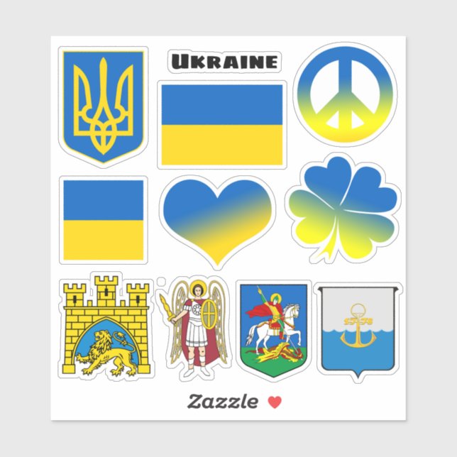 Ukraina Stickers - Flag, Peace, Kiyv, Lviv / Heart (Sheet)