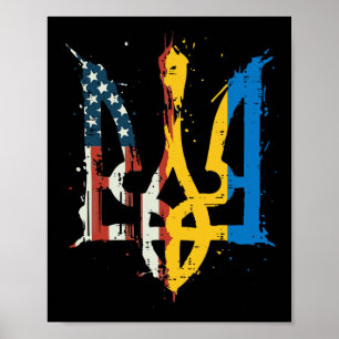 Ukraine America Flag Trident Ukrainian Tryzub Men  Poster