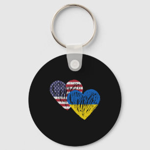 Ukraine American Flag Love Heart  Key Ring