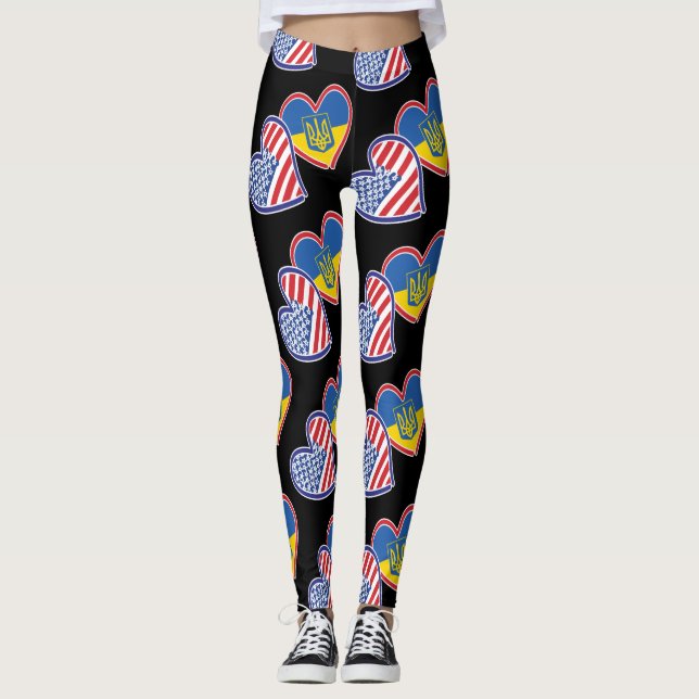 Ukraine and USA Flag Hearts Leggings (Front)