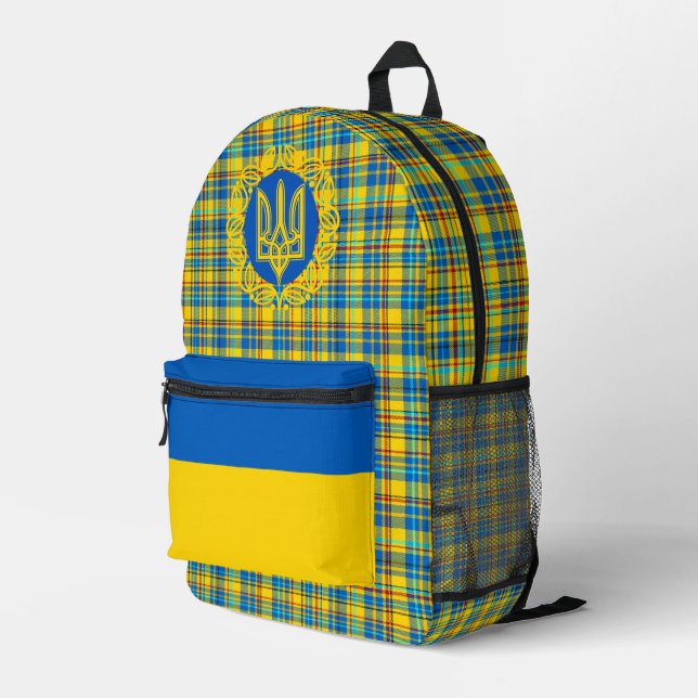 Ukraine Bag, Ukrainian Flag Backpack, Tryzub Printed Backpack (Back Corner Right)