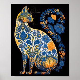 Ukraine Cat Floral Retro Ukrainian Flag And Vyshyv Poster