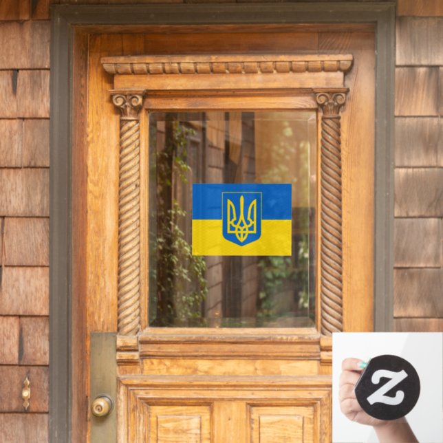 Ukraine Cling, Window Sign, Tryzub, Ukrainian Flag Cling (Home Door)