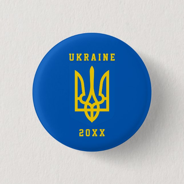 UKRAINE Coat of Arms and Year on BLUE 3 Cm Round Badge (Front)