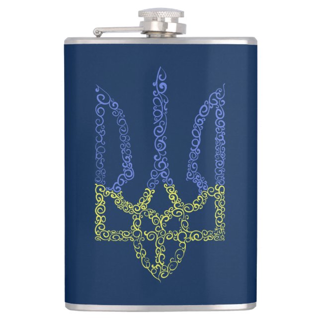 Ukraine coat of arms trident tryzub spiral pattern hip flask (Front)