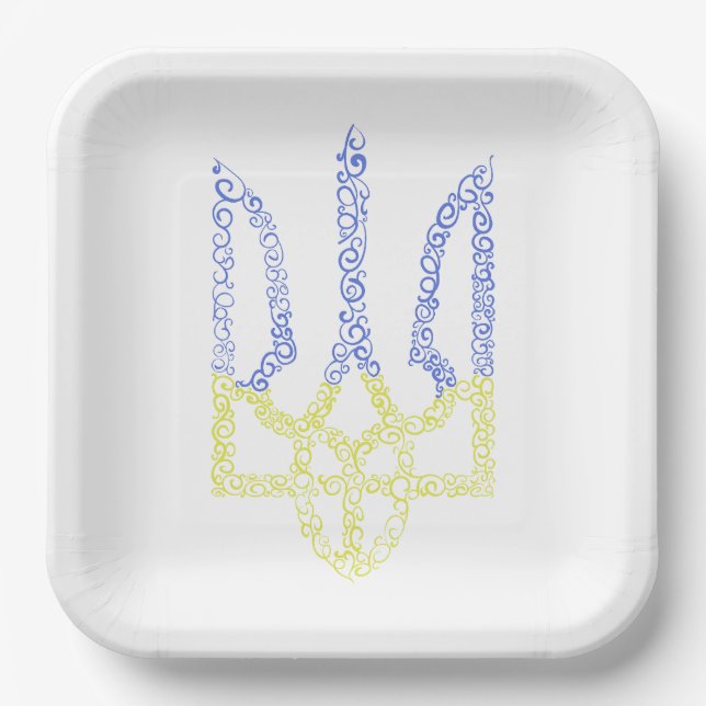 Ukraine coat of arms trident tryzub spiral pattern paper plate (Front)