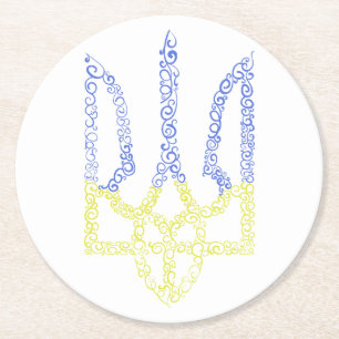 Ukraine coat of arms trident tryzub spiral pattern round paper coaster
