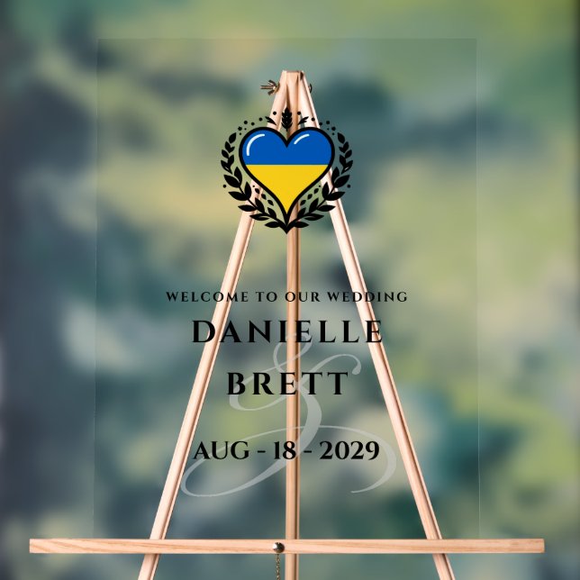 Ukraine Couple Heart Wedding Welcome Acrylic Sign (Neutral)