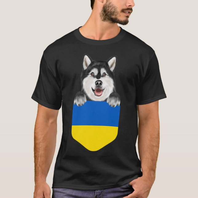 Ukraine Flag Alaskan Malamute Dog In Pocket  T-Shirt (Front)