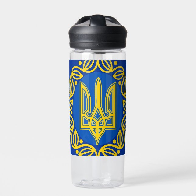 Ukraine, Flag, Coat of Arms, Ukrainian Tryzub Water Bottle (Front)