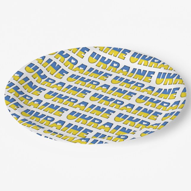Ukraine Flag Colours Typography Pattern Hearts Paper Plate (Angled)