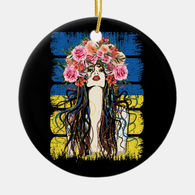 Ukraine Flag Fashionable Ukrainian Girk Village Ceramic Tree Decoration (Front)