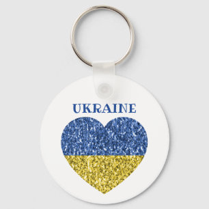 Ukraine flag glitter faux sparkles Heart with text Key Ring