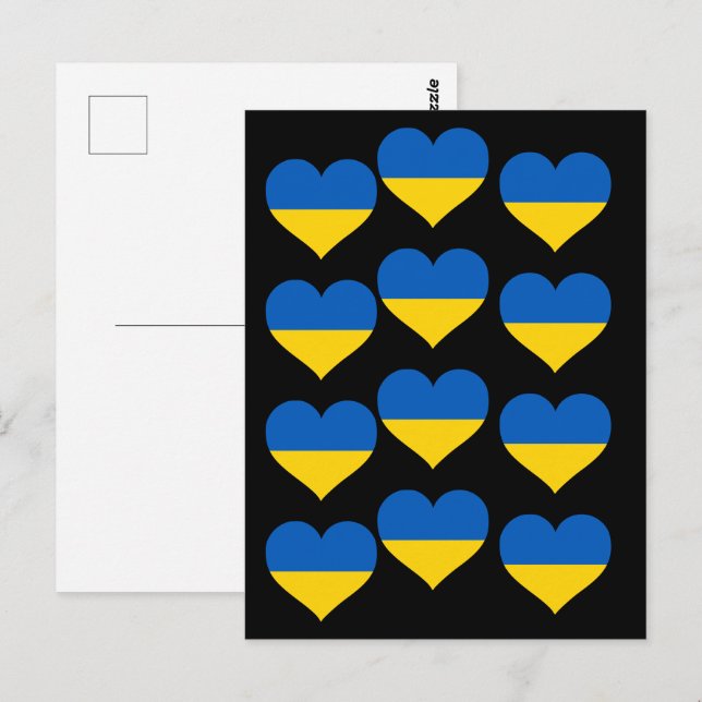 Ukraine Flag Hearts on a Black Postcard (Front/Back)