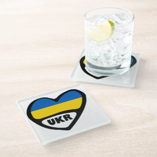 Ukraine Flag In Heart, Country Code UKR Glass Coaster
