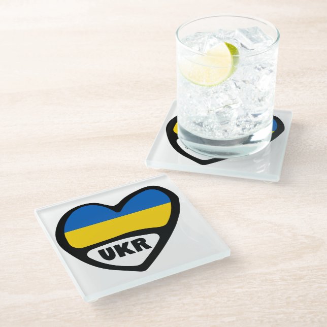 Ukraine Flag In Heart, Country Code UKR Glass Coaster (Angled)