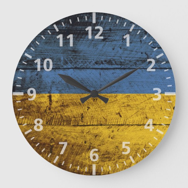 Ukraine Flag on Old Wood Grain Large Clock (Front)